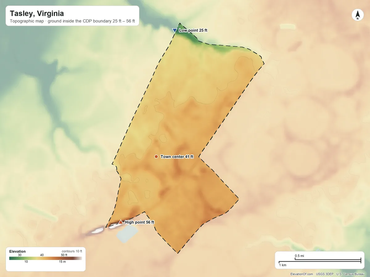 Topographic elevation map of Tasley, Virginia, shaded from 25 ft on the north side to 56 ft on the southwest side