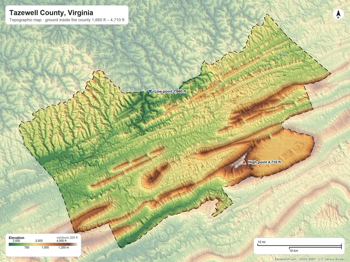Topographic elevation map of Tazewell County, Virginia, shaded from 1,660 ft on the northwest side to 4,710 ft on the southeast side