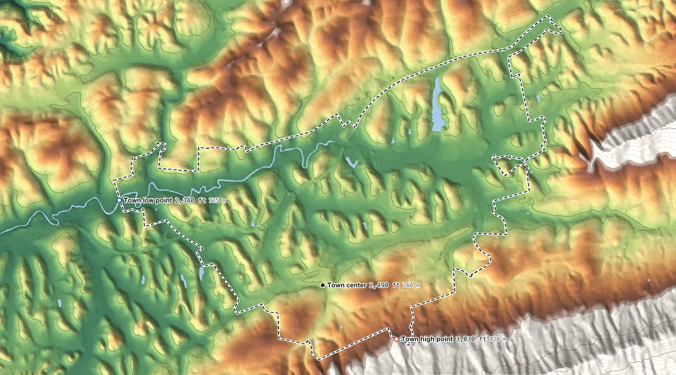 Topographic elevation map of Tazewell, Virginia, shaded from 2,340 ft on the northwest side to 3,030 ft on the southeast edge, below higher ground just outside