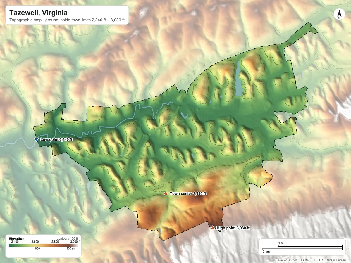 Topographic elevation map of Tazewell, Virginia, shaded from 2,340 ft on the northwest side to 3,030 ft on the southeast edge, below higher ground just outside