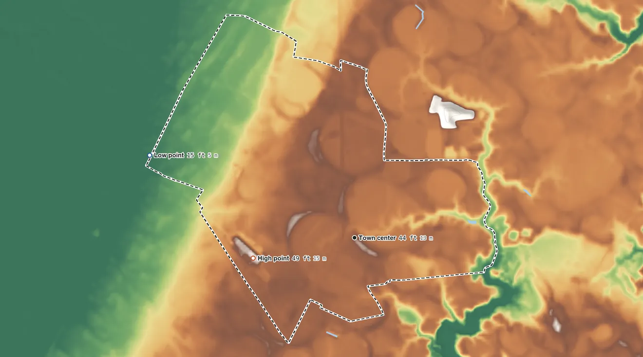 Topographic elevation map of Temperanceville, Virginia, shaded from 15 ft on the west side to 49 ft on the west side