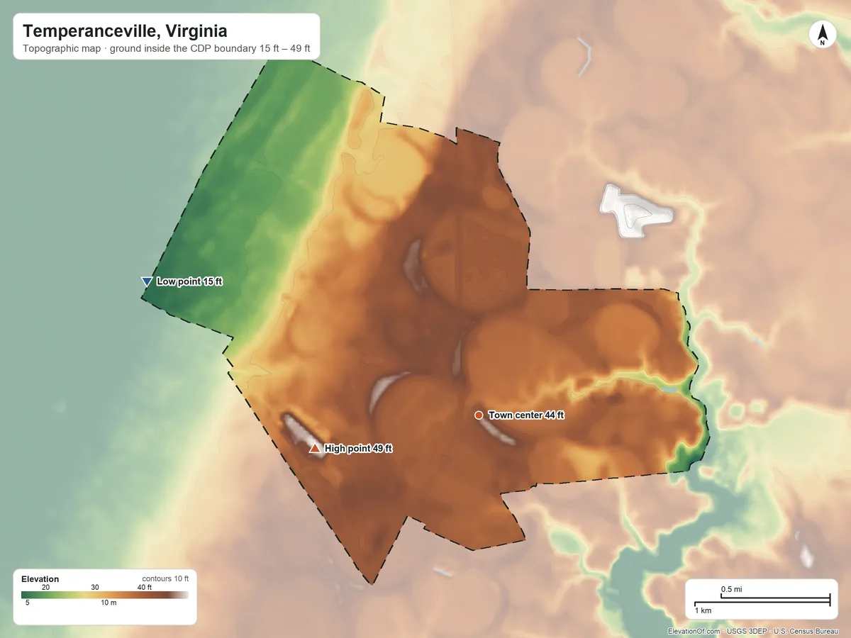 Topographic elevation map of Temperanceville, Virginia, shaded from 15 ft on the west side to 49 ft on the west side