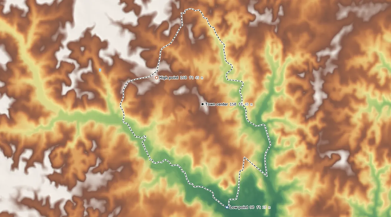 Topographic elevation map of Templeton, Virginia, shaded from 90 ft on the south side to 160 ft on the northwest side