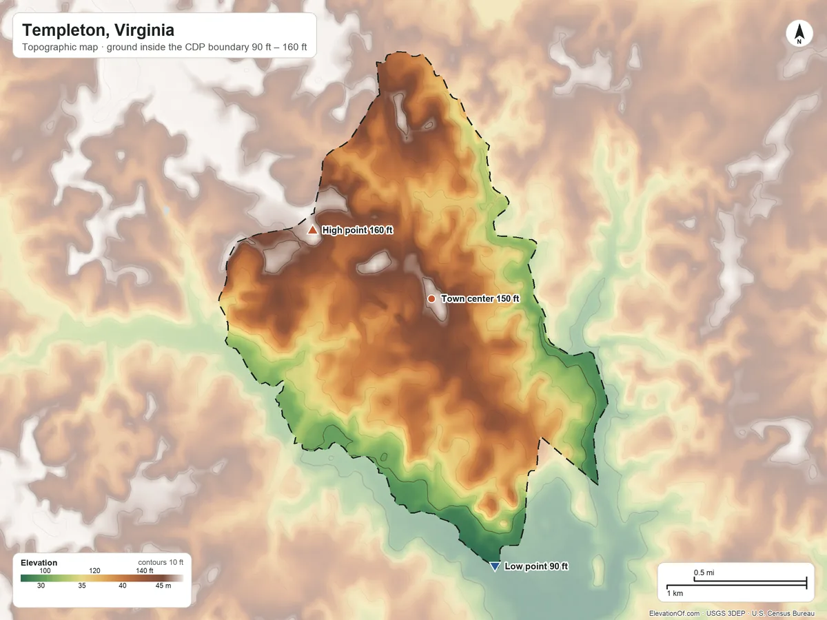 Topographic elevation map of Templeton, Virginia, shaded from 90 ft on the south side to 160 ft on the northwest side