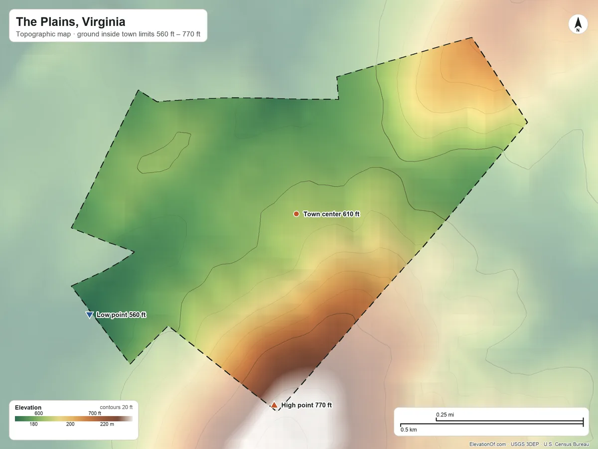 Topographic elevation map of The Plains, Virginia, shaded from 560 ft on the southwest side to 770 ft on the south side