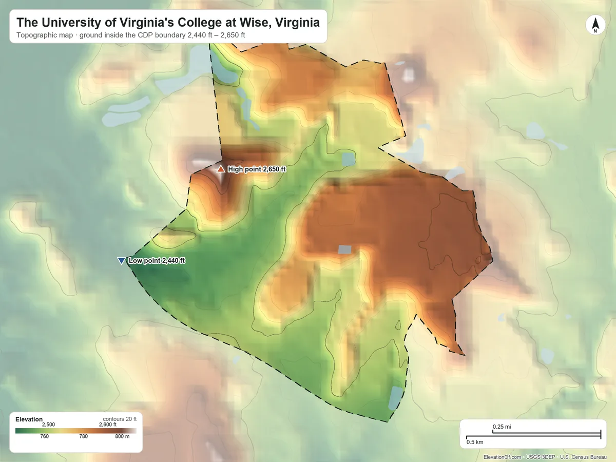 Topographic elevation map of The University of Virginia's College at Wise, Virginia, shaded from 2,440 ft on the west side to 2,650 ft on the northwest side