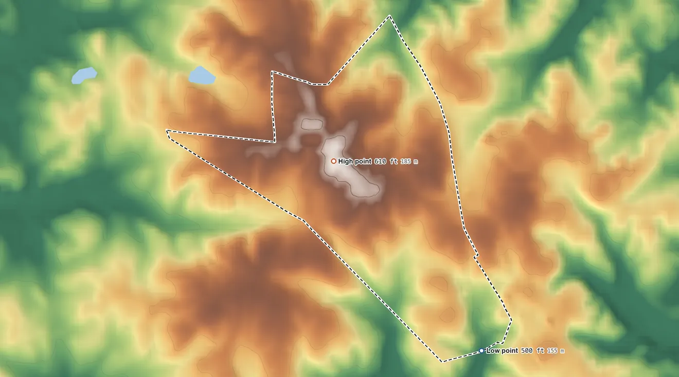 Topographic elevation map of Thynedale, Virginia, shaded from 500 ft on the southeast side to 610 ft near the middle