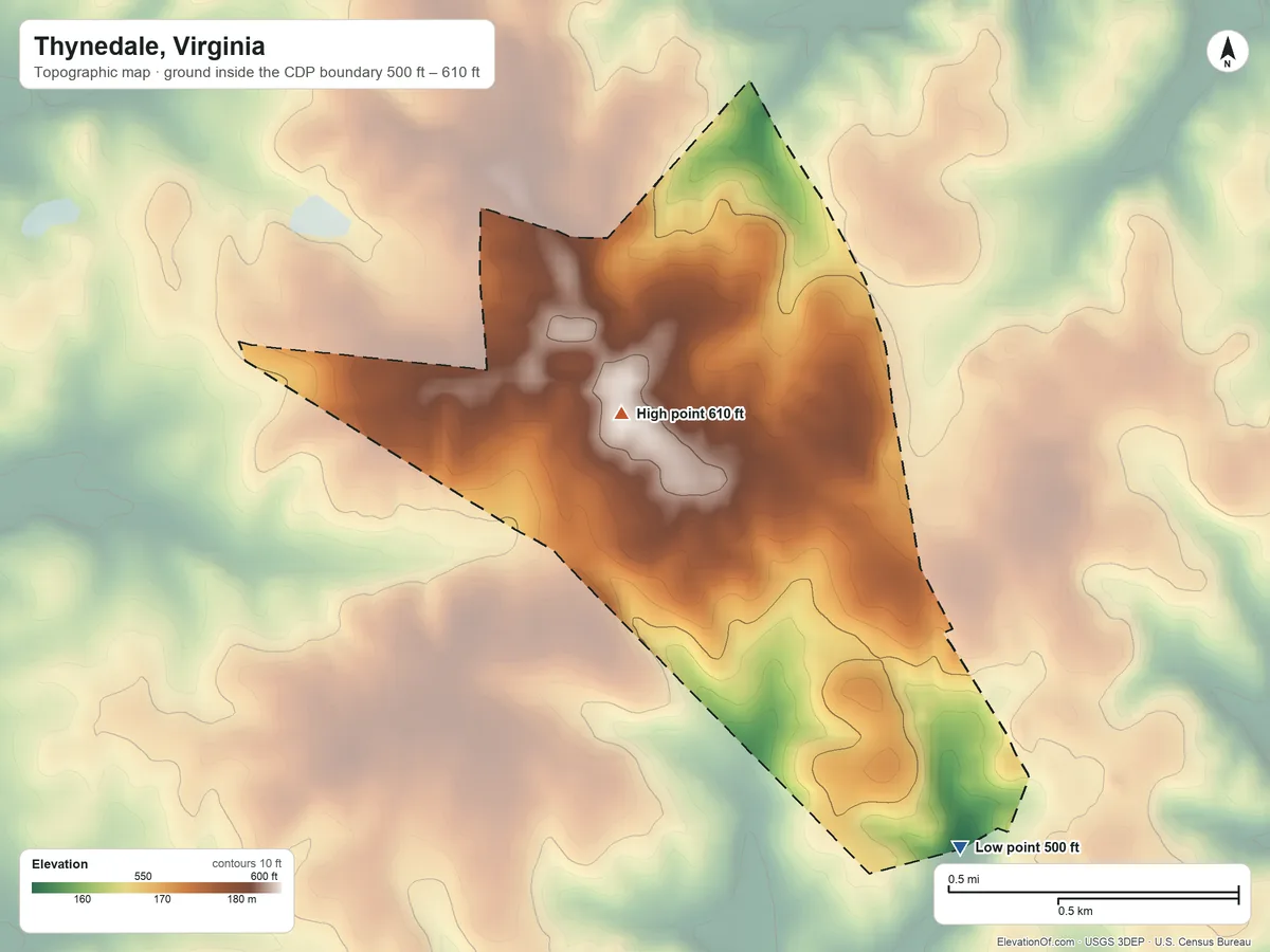 Topographic elevation map of Thynedale, Virginia, shaded from 500 ft on the southeast side to 610 ft near the middle