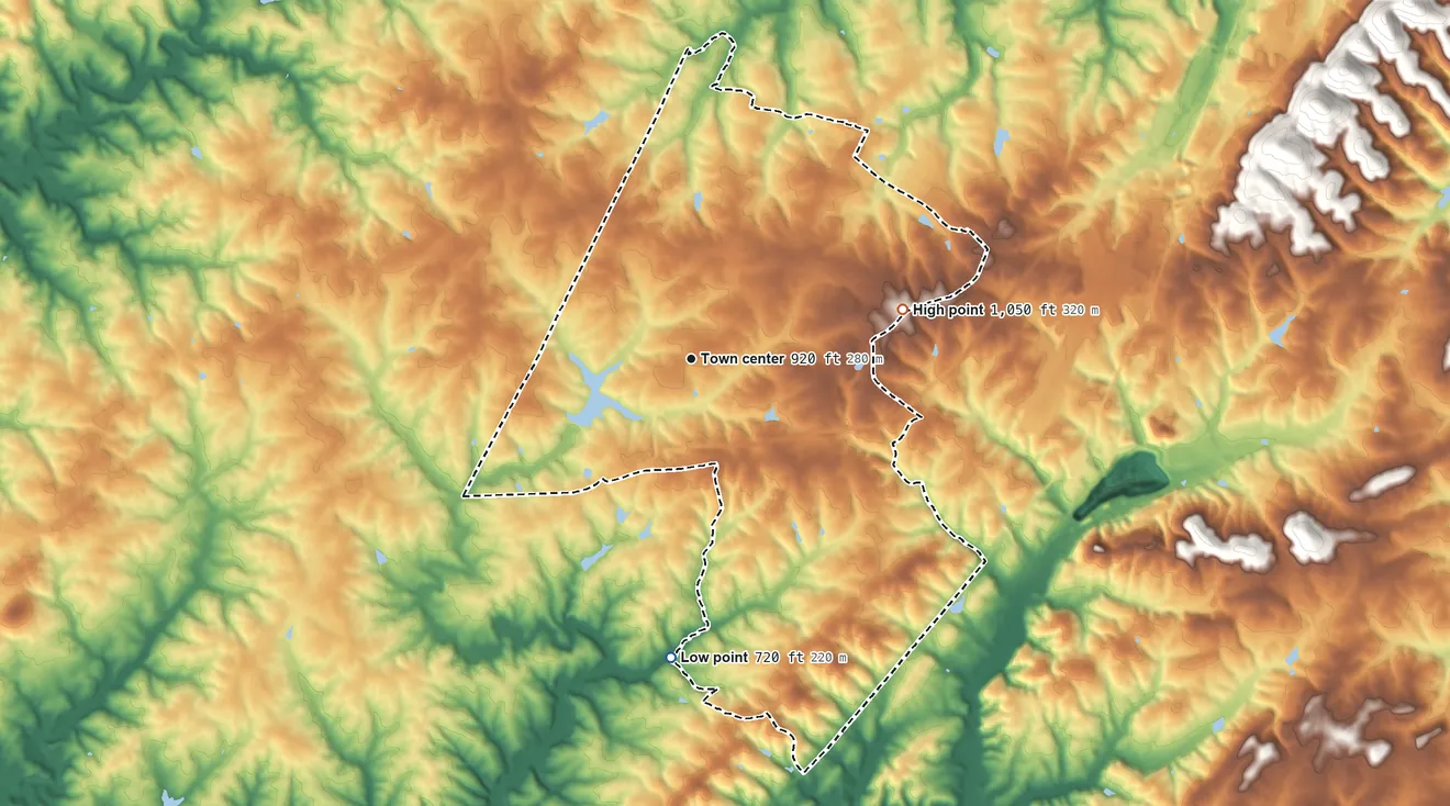 Topographic elevation map of Timberlake, Virginia, shaded from 720 ft on the south side to 1,050 ft on the east side