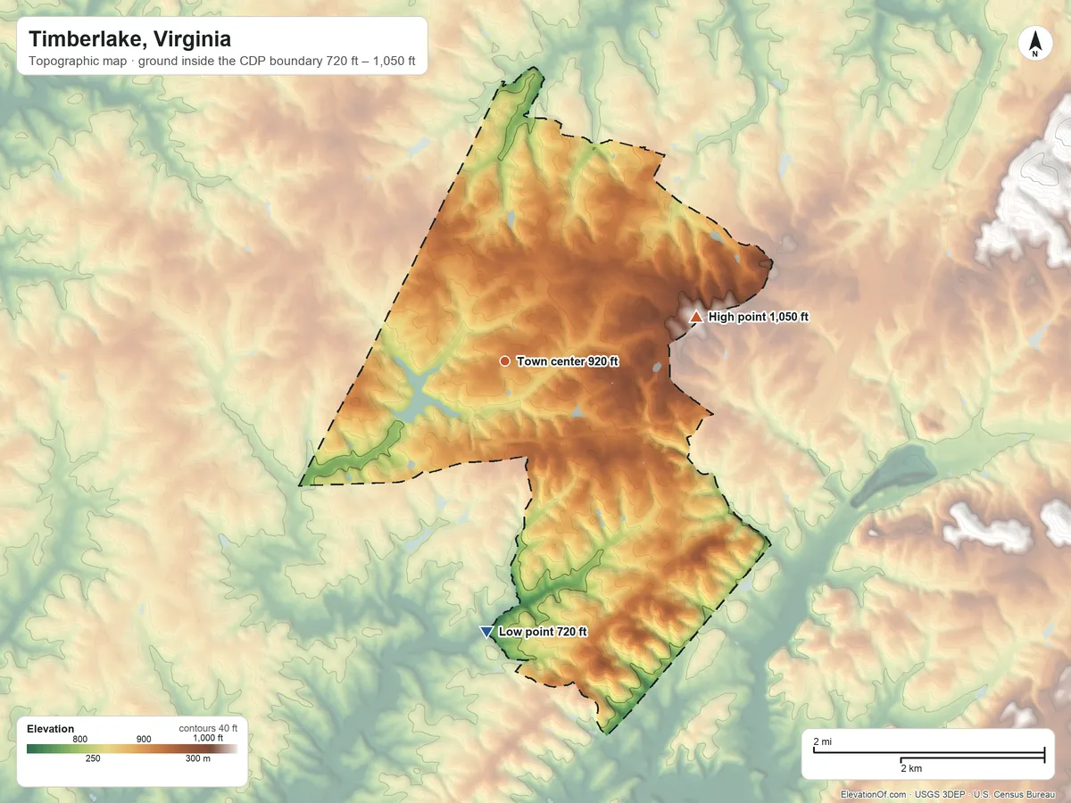 Topographic elevation map of Timberlake, Virginia, shaded from 720 ft on the south side to 1,050 ft on the east side