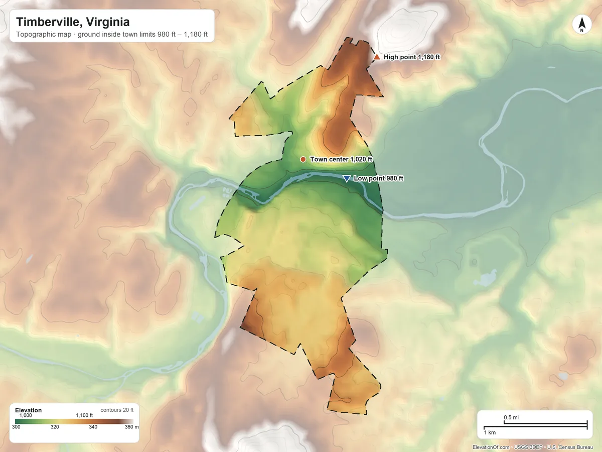 Topographic elevation map of Timberville, Virginia, shaded from 980 ft on the southeast side to 1,180 ft on the northeast side