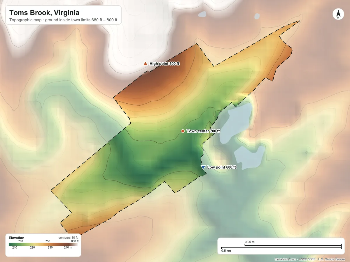 Topographic elevation map of Toms Brook, Virginia, shaded from 680 ft on the southeast side to 800 ft on the northwest side