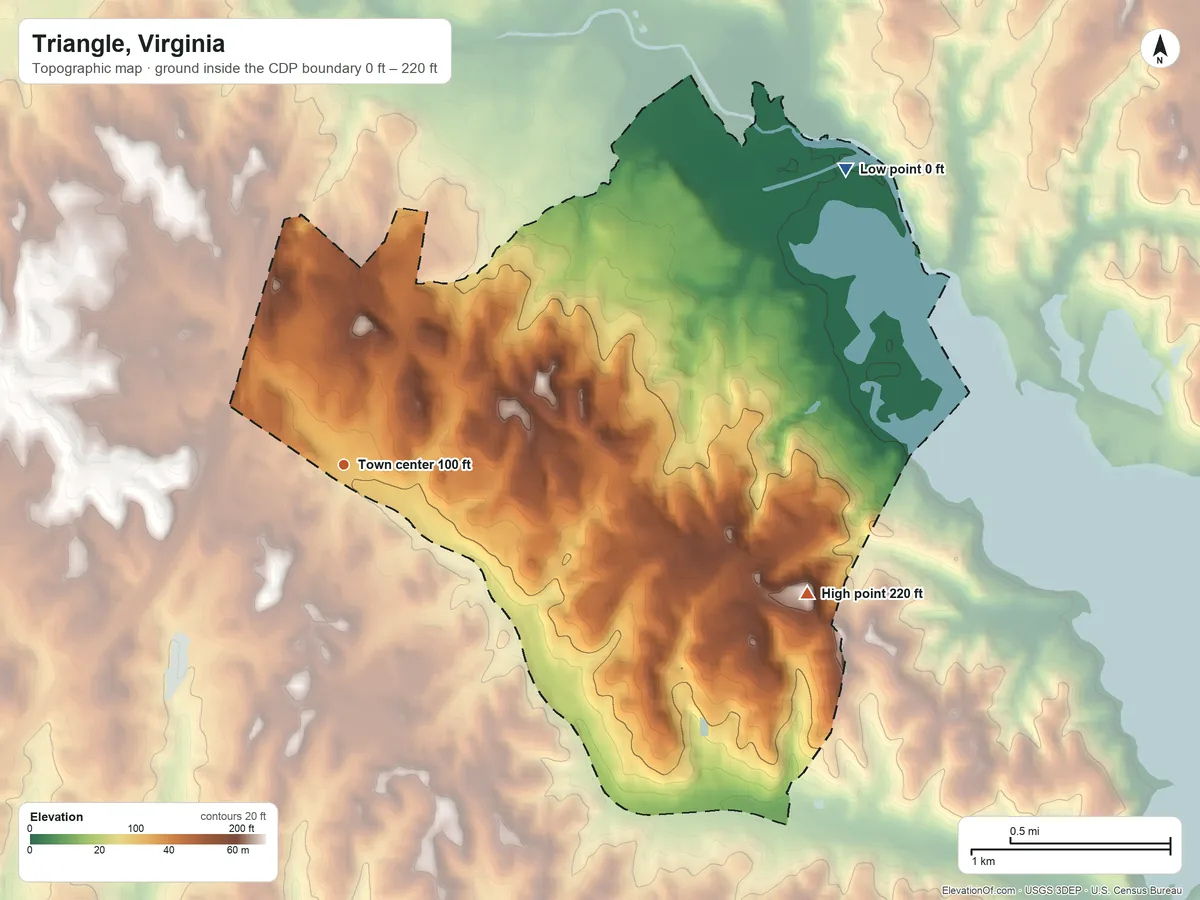 Topographic elevation map of Triangle, Virginia, shaded from 0 ft on the northeast side to 220 ft on the east side