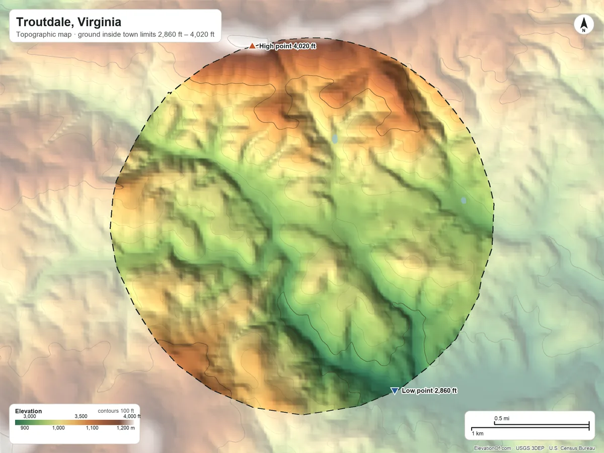 Topographic elevation map of Troutdale, Virginia, shaded from 2,860 ft on the south side to 4,020 ft on the northwest side
