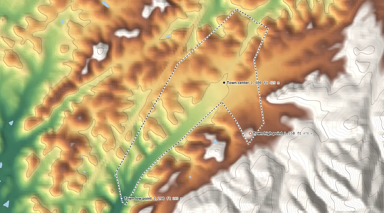 Topographic elevation map of Troutville, Virginia, shaded from 1,290 ft on the southwest side to 1,550 ft on the southeast edge, below higher ground just outside