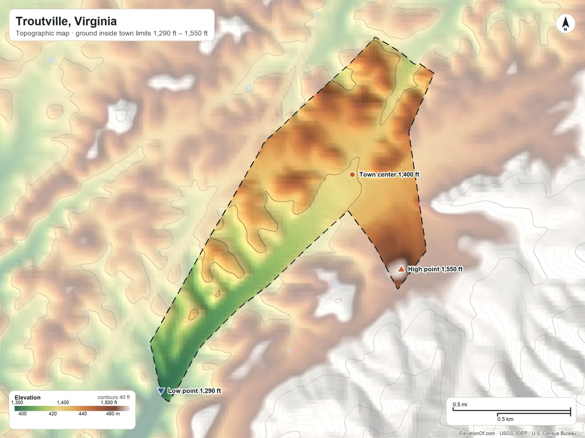 Topographic elevation map of Troutville, Virginia, shaded from 1,290 ft on the southwest side to 1,550 ft on the southeast edge, below higher ground just outside