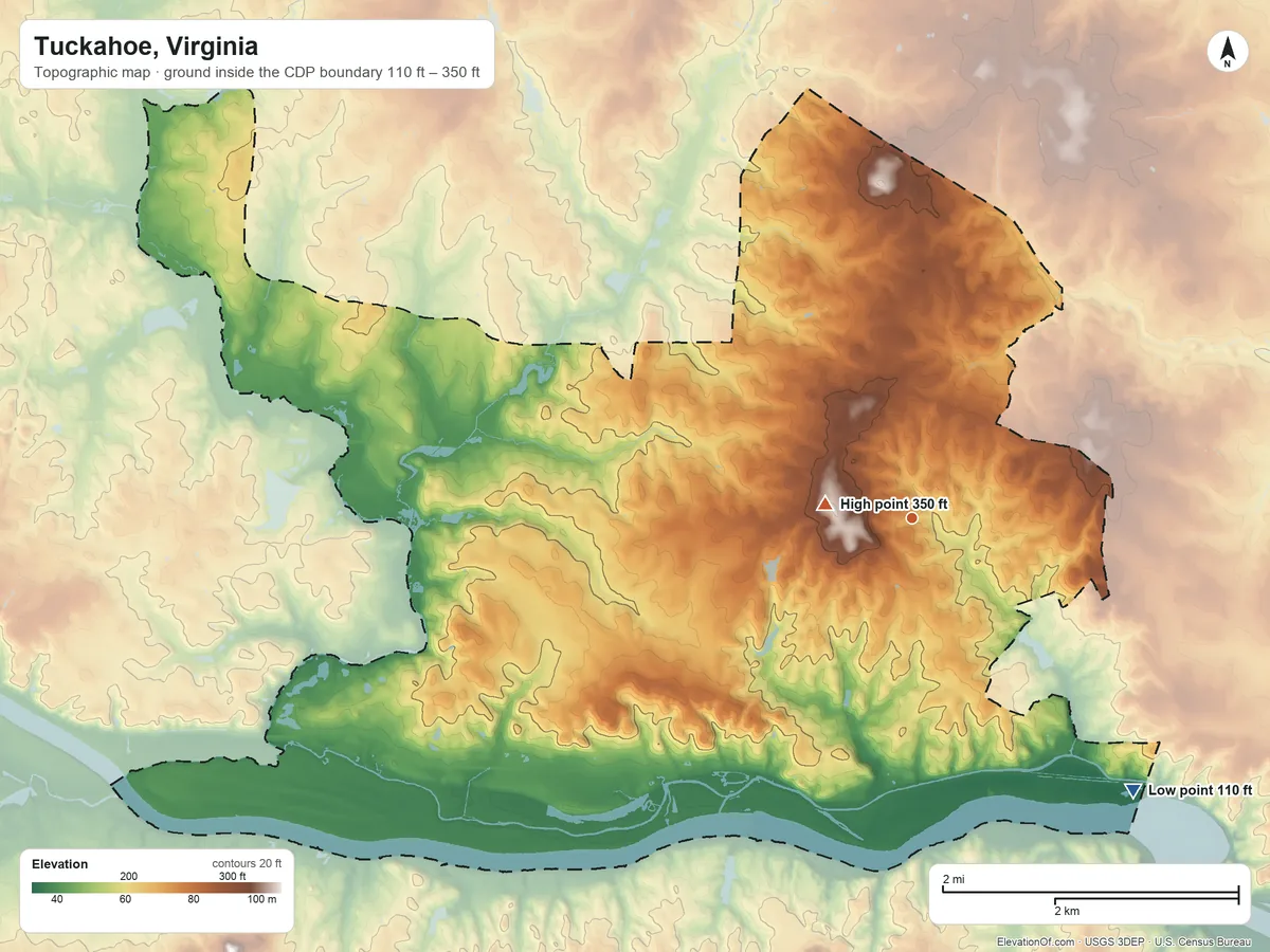 Topographic elevation map of Tuckahoe, Virginia, shaded from 110 ft on the southeast side to 350 ft near the middle