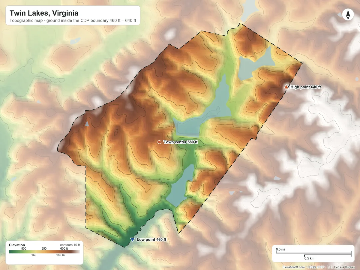 Topographic elevation map of Twin Lakes, Virginia, shaded from 460 ft on the south side to 640 ft on the northeast side