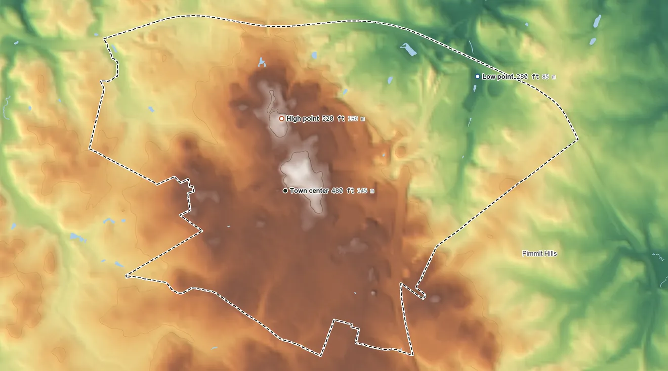 Topographic elevation map of Tysons, Virginia, shaded from 280 ft on the northeast side to 520 ft on Gantt Hill