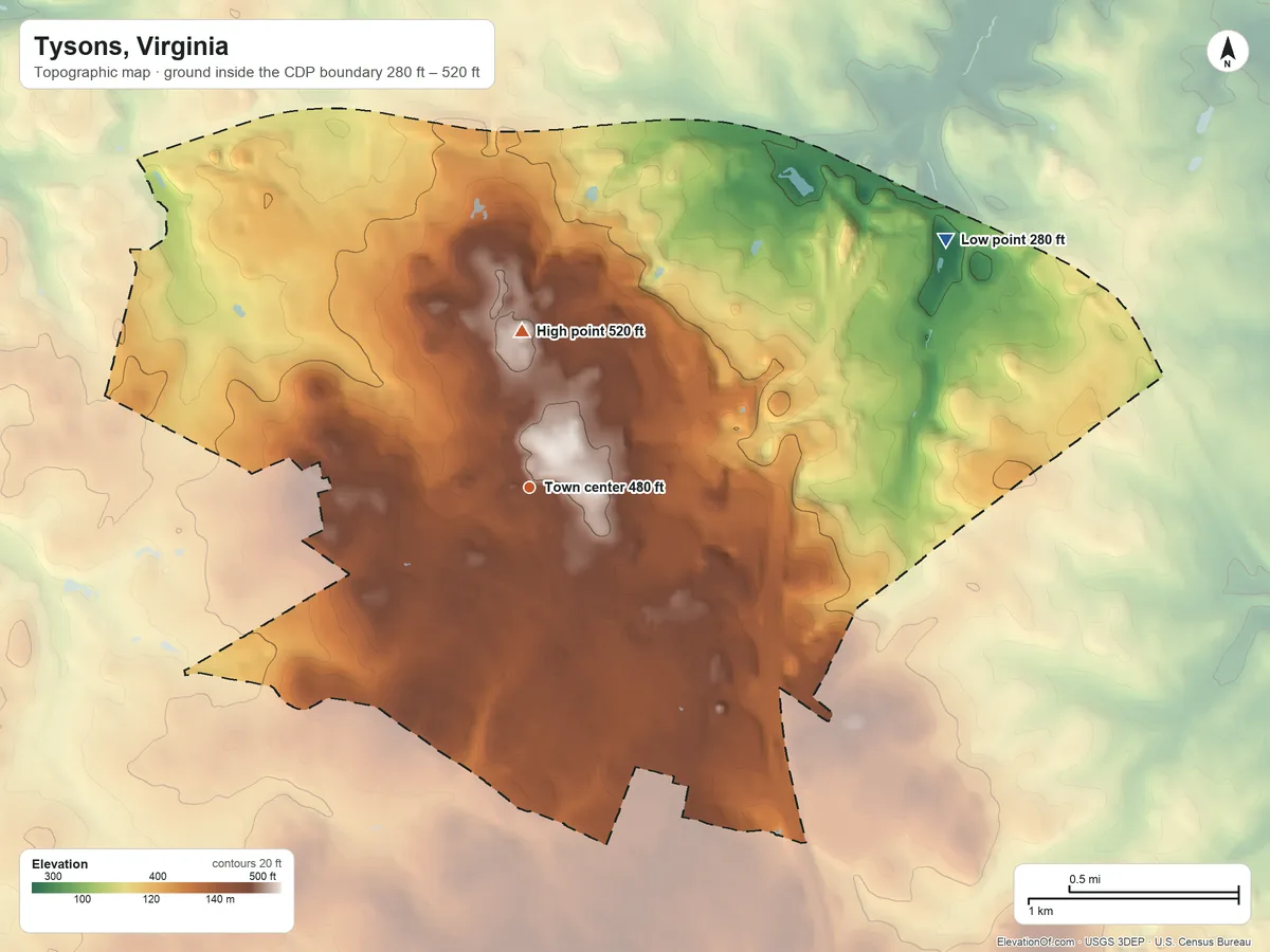 Topographic elevation map of Tysons, Virginia, shaded from 280 ft on the northeast side to 520 ft on Gantt Hill