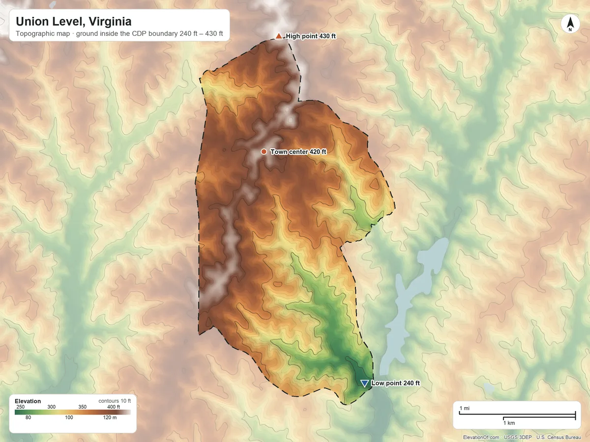 Topographic elevation map of Union Level, Virginia, shaded from 240 ft on the southeast side to 430 ft on the north side