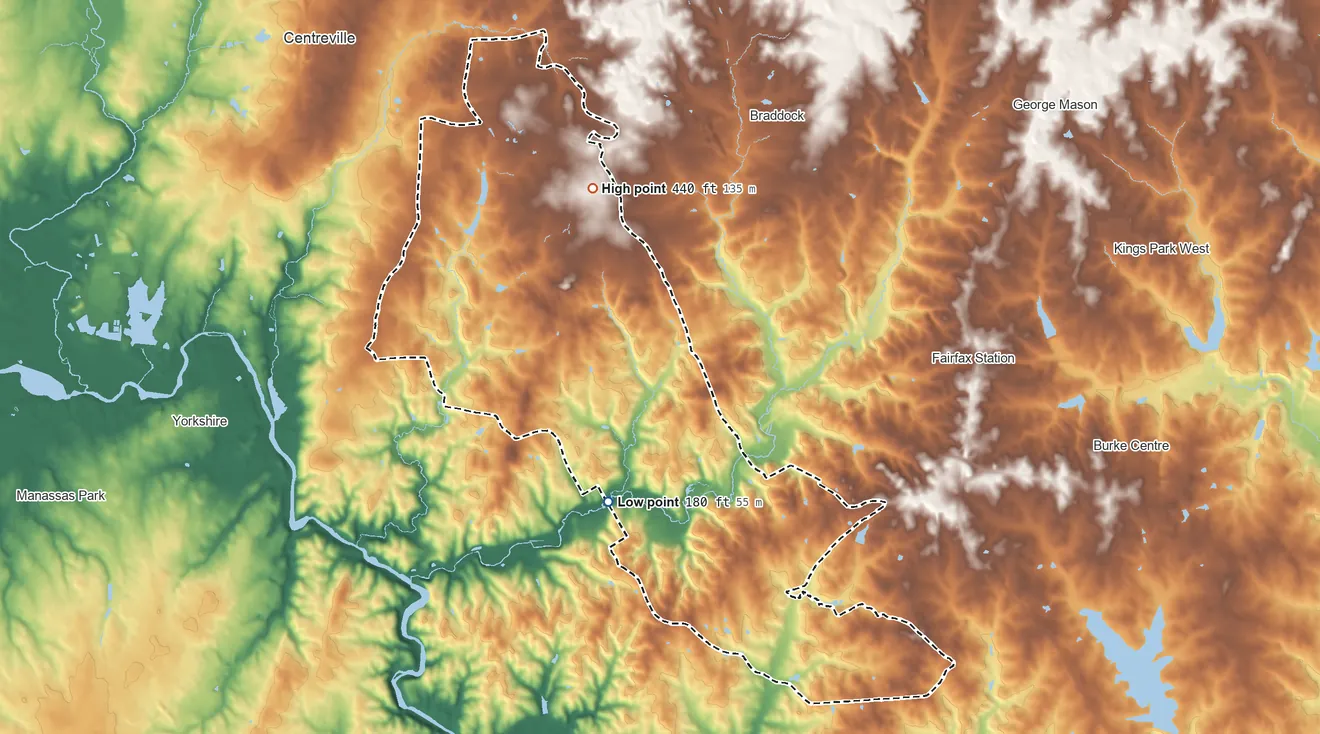 Topographic elevation map of Union Mill, Virginia, shaded from 180 ft on the south side to 440 ft on the north side