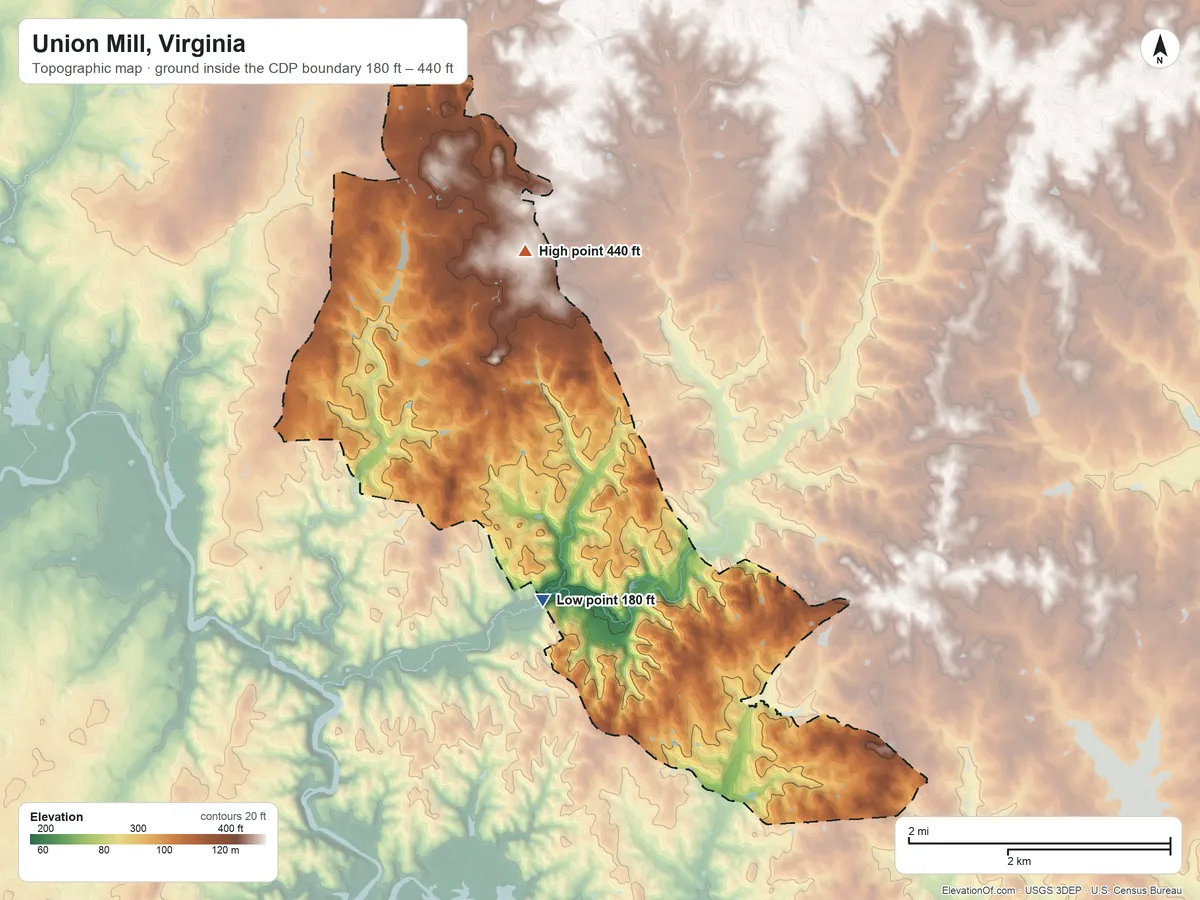 Topographic elevation map of Union Mill, Virginia, shaded from 180 ft on the south side to 440 ft on the north side