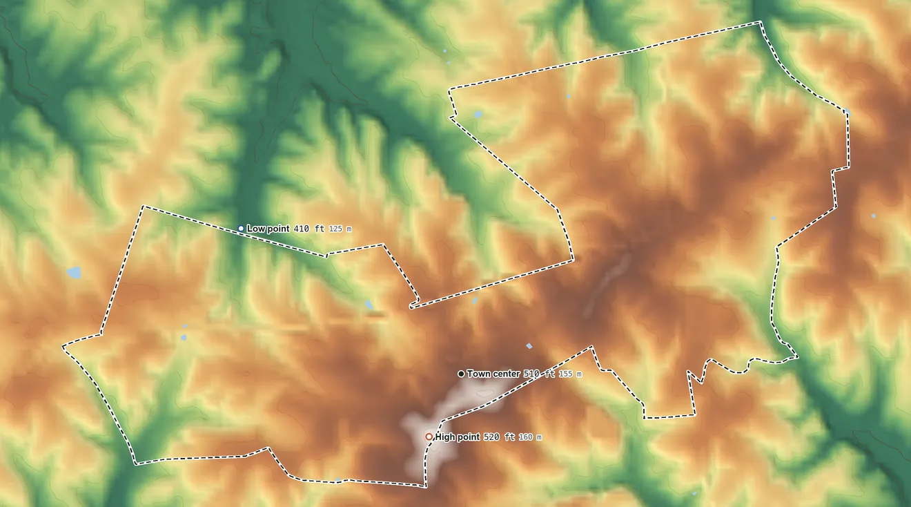 Topographic elevation map of Unionville, Virginia, shaded from 410 ft on the northwest side to 520 ft near the middle