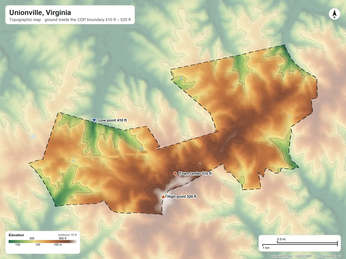 Topographic elevation map of Unionville, Virginia, shaded from 410 ft on the northwest side to 520 ft near the middle