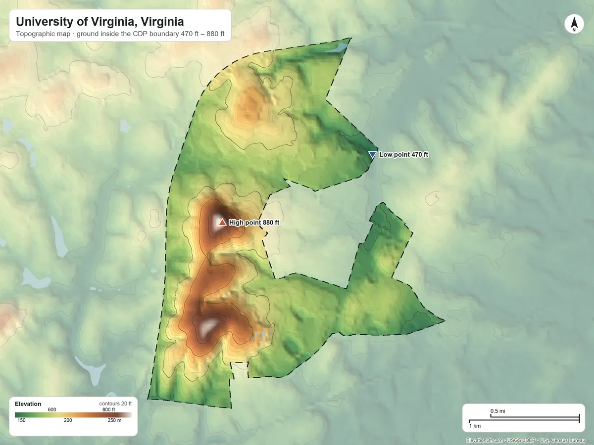 Topographic elevation map of University of Virginia, Virginia, shaded from 470 ft on the northeast side to 880 ft on Lewis Mountain