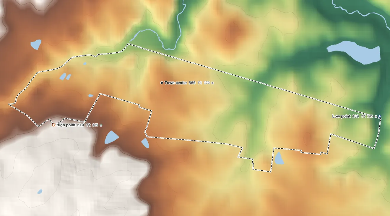 Topographic elevation map of Upperville, Virginia, shaded from 480 ft on the east side to 610 ft on the west side