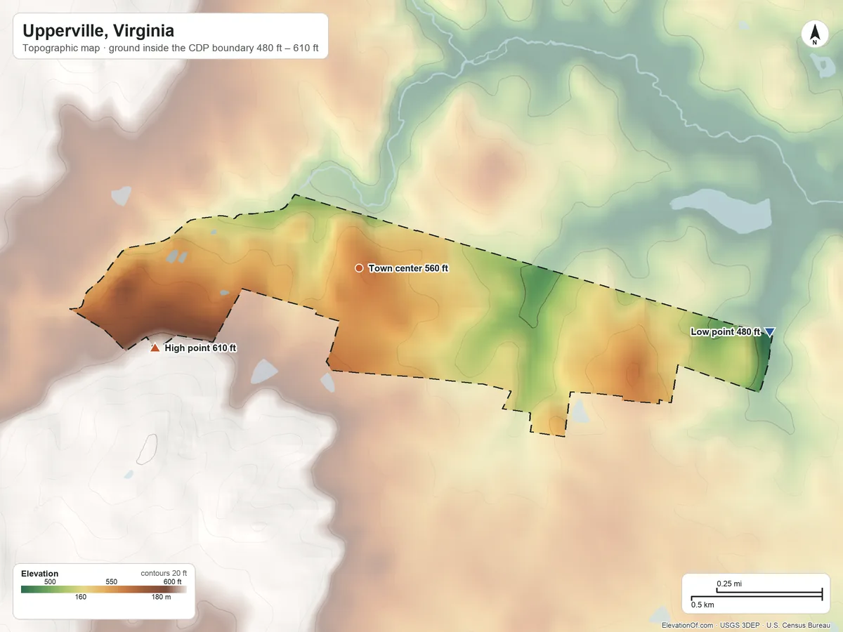 Topographic elevation map of Upperville, Virginia, shaded from 480 ft on the east side to 610 ft on the west side