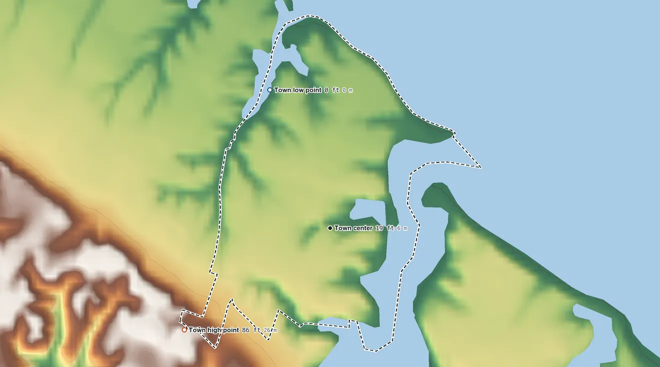 Topographic elevation map of Urbanna, Virginia, shaded from 0 ft on the northwest side to 86 ft on the southwest side