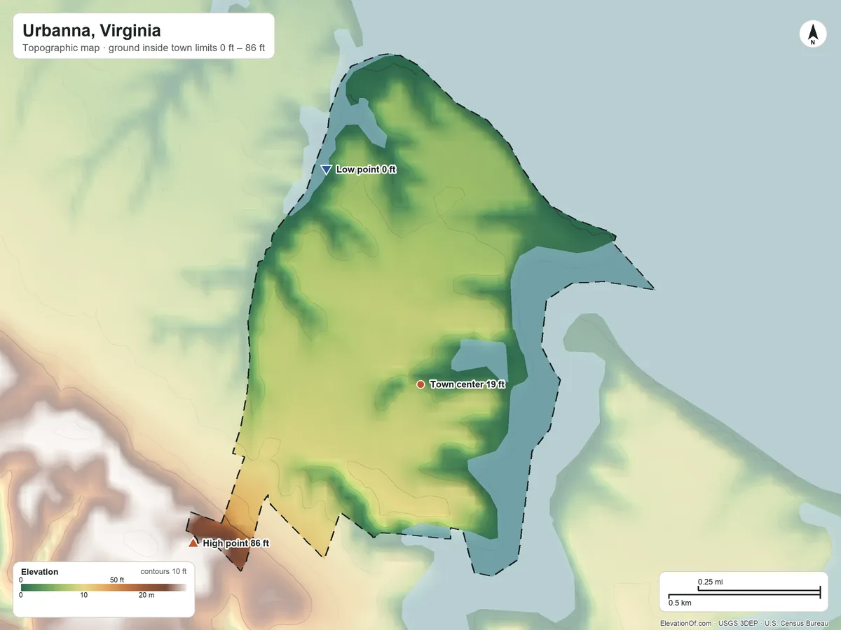 Topographic elevation map of Urbanna, Virginia, shaded from 0 ft on the northwest side to 86 ft on the southwest side