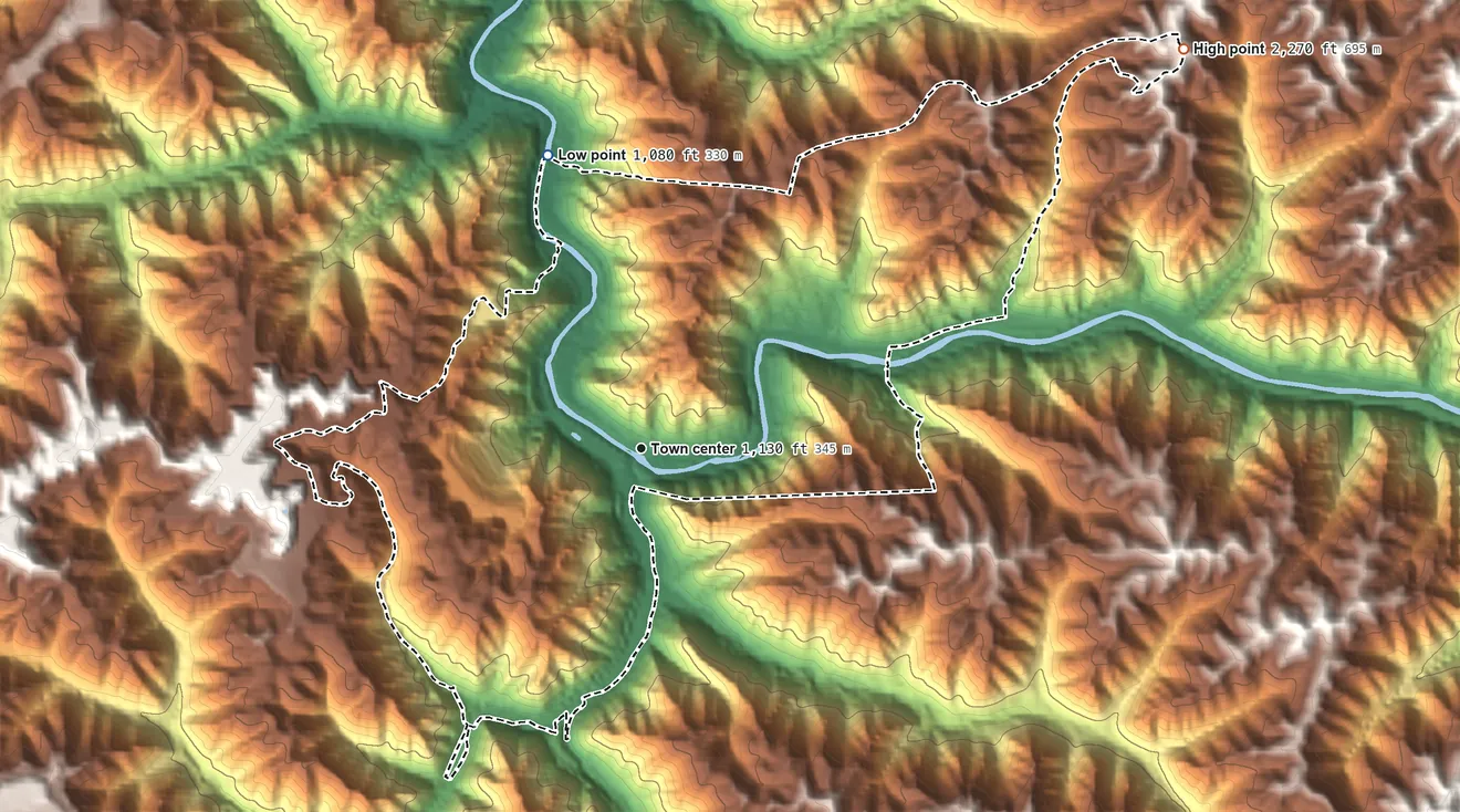 Topographic elevation map of Vansant, Virginia, shaded from 1,080 ft on the north side to 2,270 ft on the northeast side