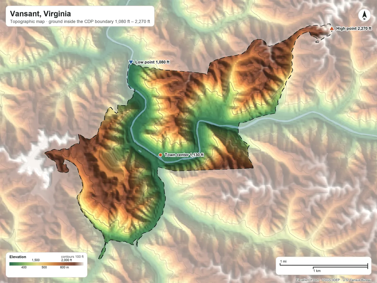 Topographic elevation map of Vansant, Virginia, shaded from 1,080 ft on the north side to 2,270 ft on the northeast side