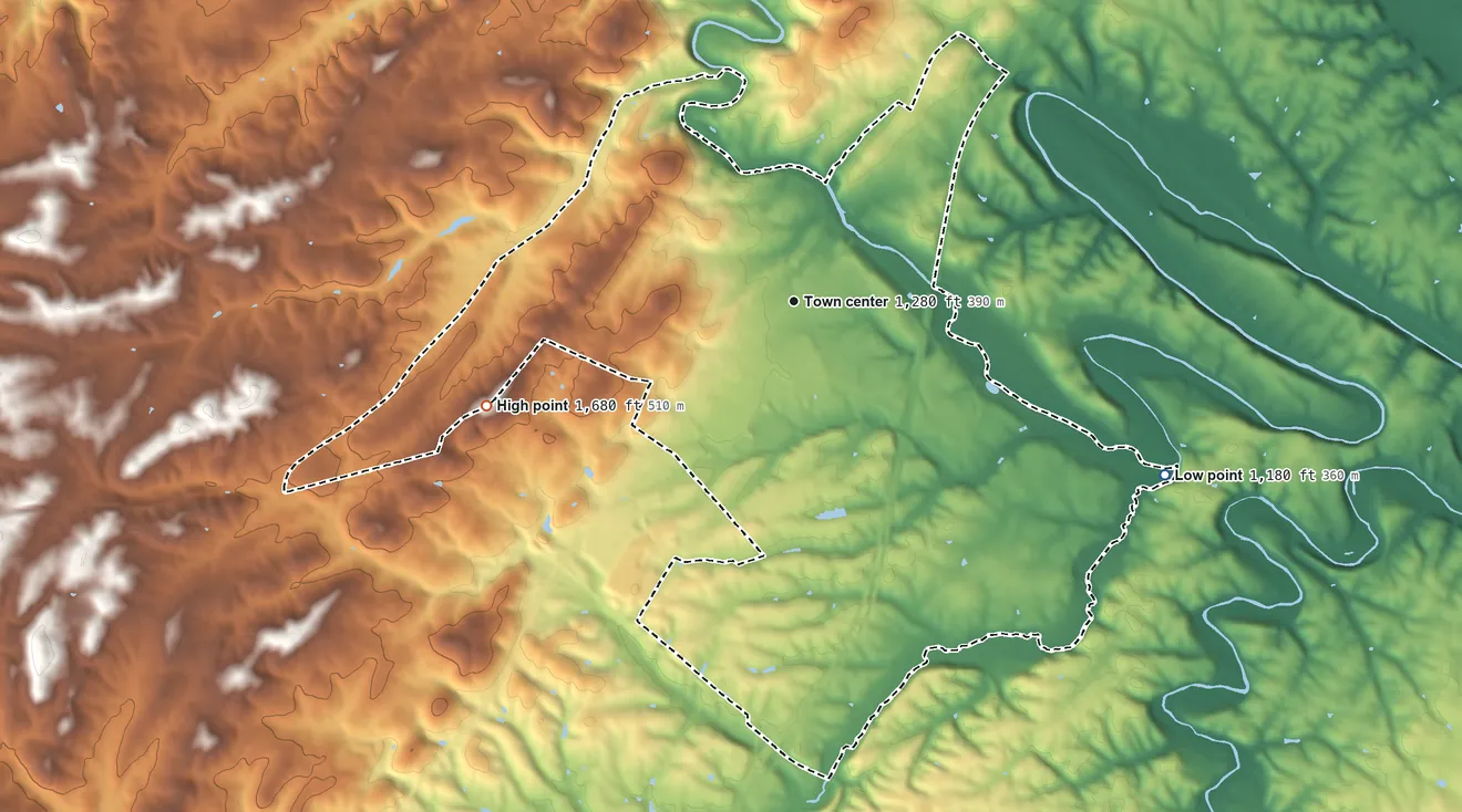 Topographic elevation map of Verona, Virginia, shaded from 1,180 ft on the southeast side to 1,680 ft on the west side