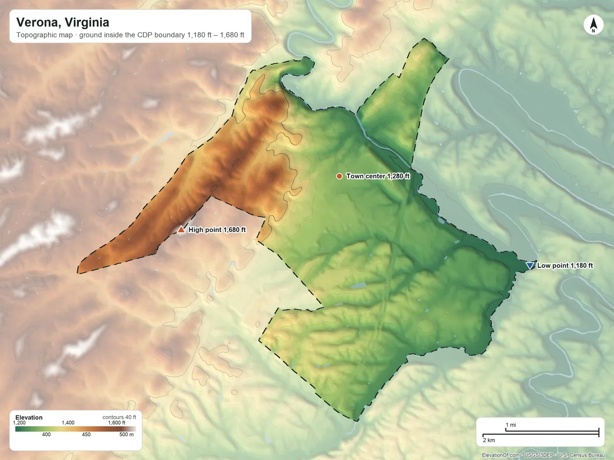 Topographic elevation map of Verona, Virginia, shaded from 1,180 ft on the southeast side to 1,680 ft on the west side