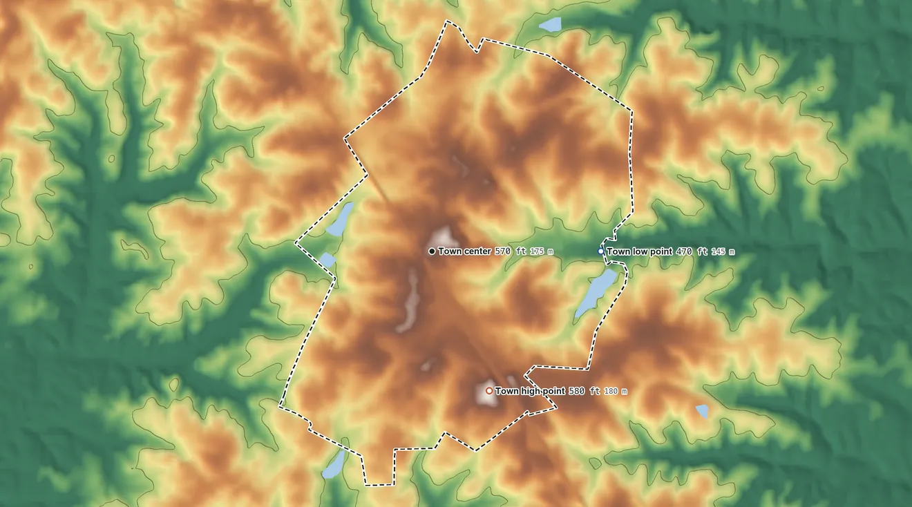Topographic elevation map of Victoria, Virginia, shaded from 470 ft on the east side to 580 ft on the south side