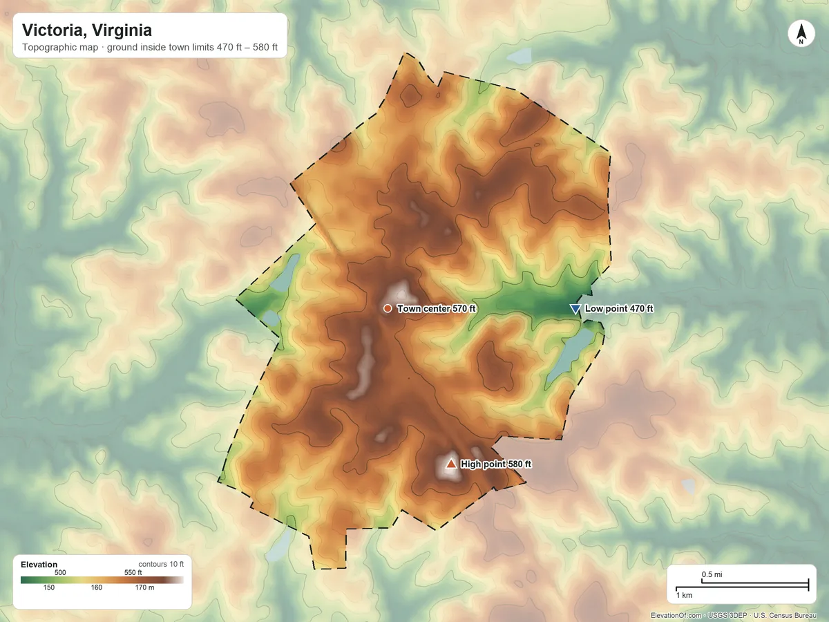 Topographic elevation map of Victoria, Virginia, shaded from 470 ft on the east side to 580 ft on the south side