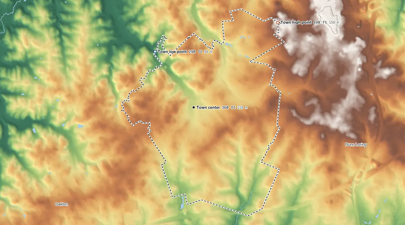 Topographic elevation map of Vienna, Virginia, shaded from 290 ft on the northwest side to 490 ft on the northeast side