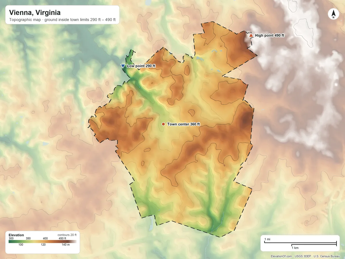 Topographic elevation map of Vienna, Virginia, shaded from 290 ft on the northwest side to 490 ft on the northeast side