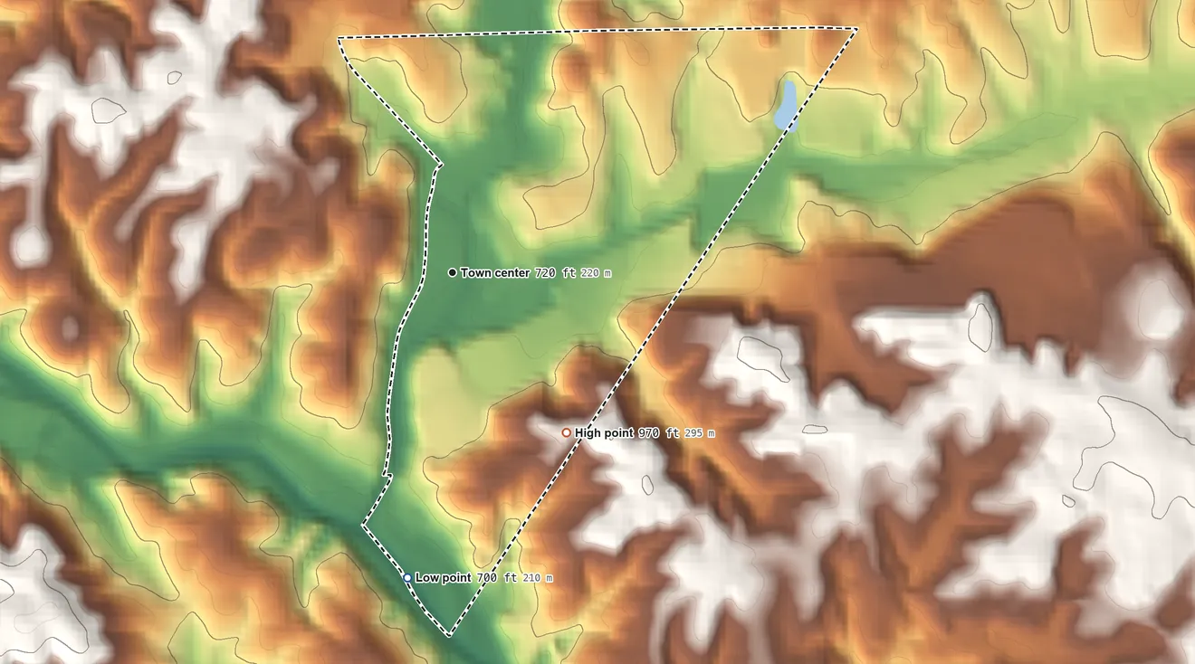 Topographic elevation map of Villa Heights, Virginia, shaded from 700 ft on the south side to 970 ft on the southeast side