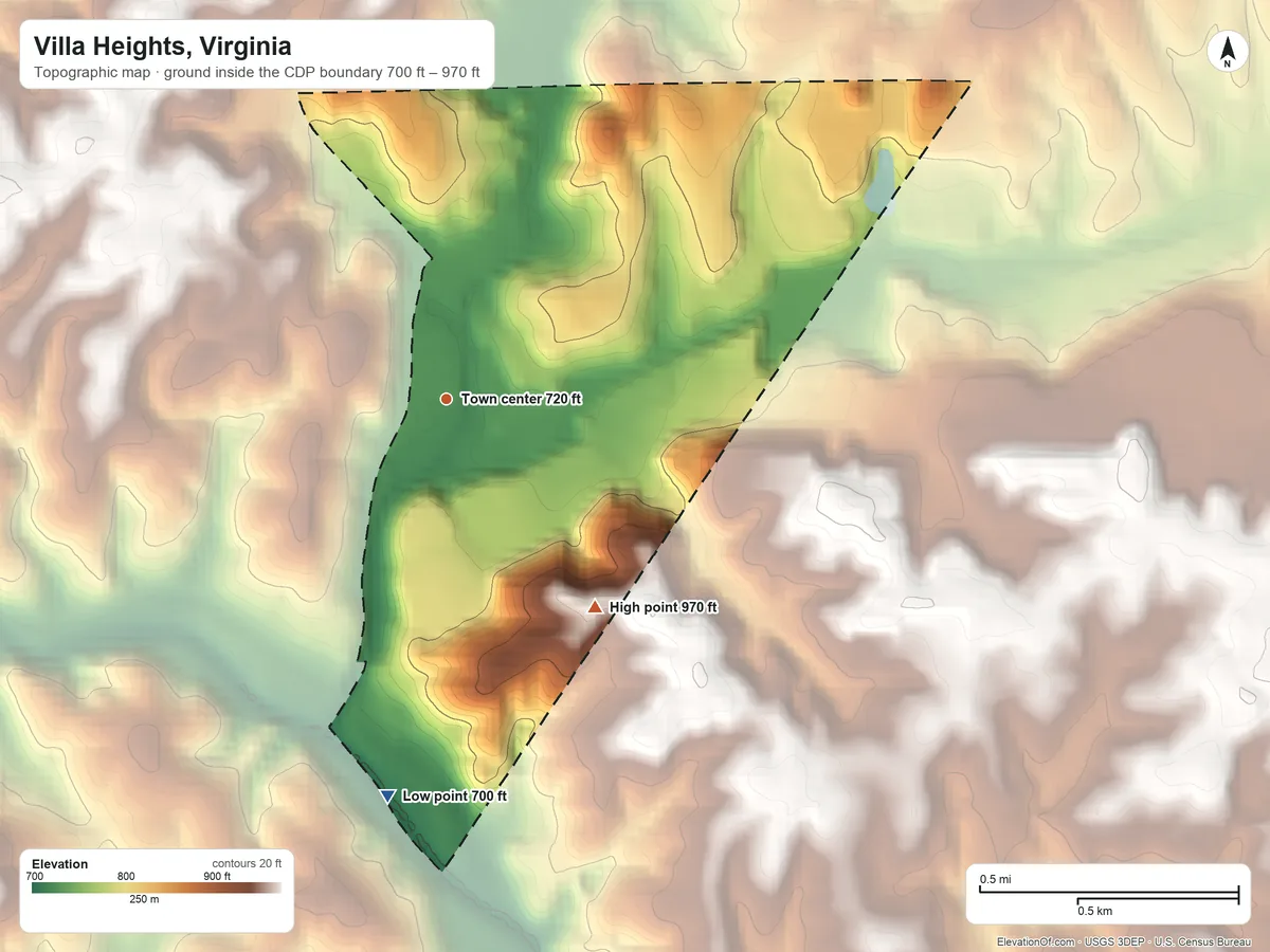 Topographic elevation map of Villa Heights, Virginia, shaded from 700 ft on the south side to 970 ft on the southeast side