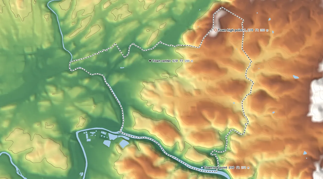 Topographic elevation map of Vinton, Virginia, shaded from 890 ft on the southeast side to 1,270 ft on the northeast edge, below higher ground just outside