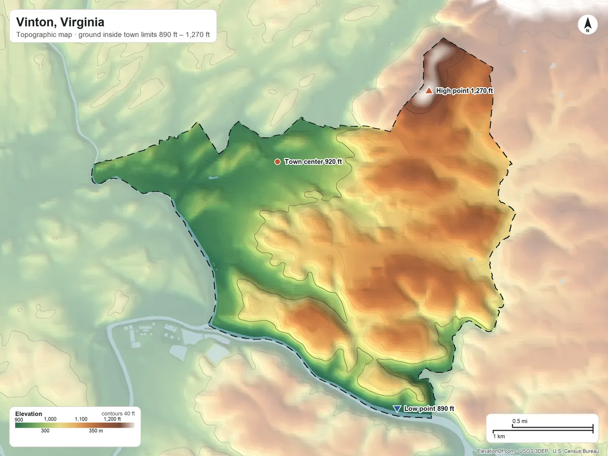 Topographic elevation map of Vinton, Virginia, shaded from 890 ft on the southeast side to 1,270 ft on the northeast edge, below higher ground just outside
