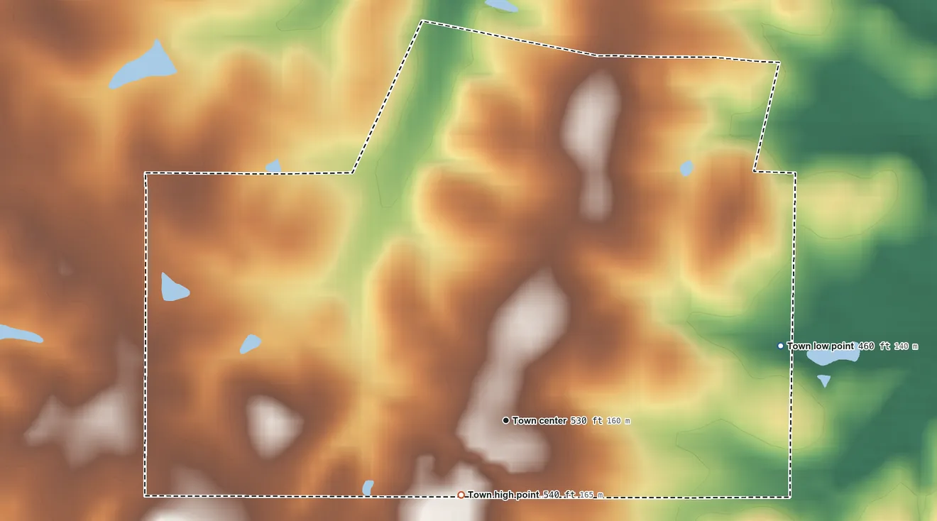 Topographic elevation map of Virgilina, Virginia, shaded from 460 ft on the east side to 540 ft on the southwest side