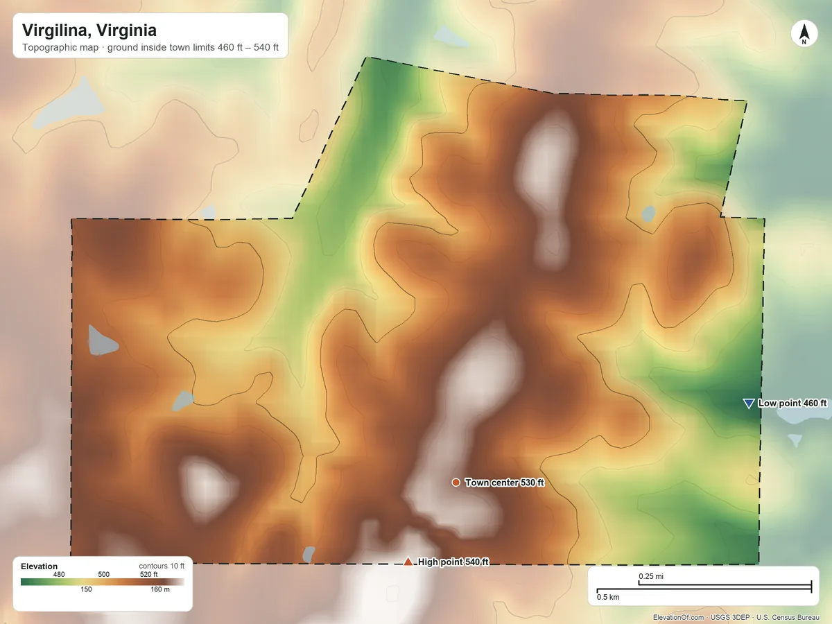 Topographic elevation map of Virgilina, Virginia, shaded from 460 ft on the east side to 540 ft on the southwest side