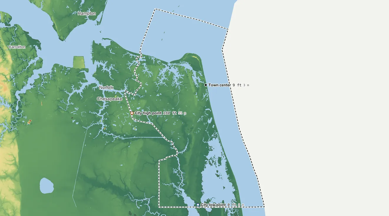 Topographic elevation map of Virginia Beach, Virginia, shaded from sea level level on Back Bay to 180 ft on the west side