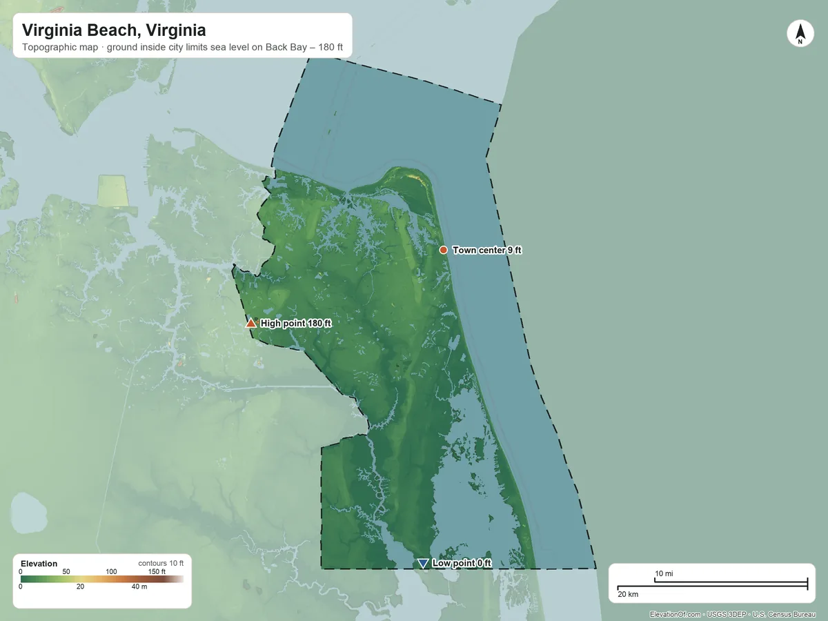 Topographic elevation map of Virginia Beach, Virginia, shaded from sea level level on Back Bay to 180 ft on the west side